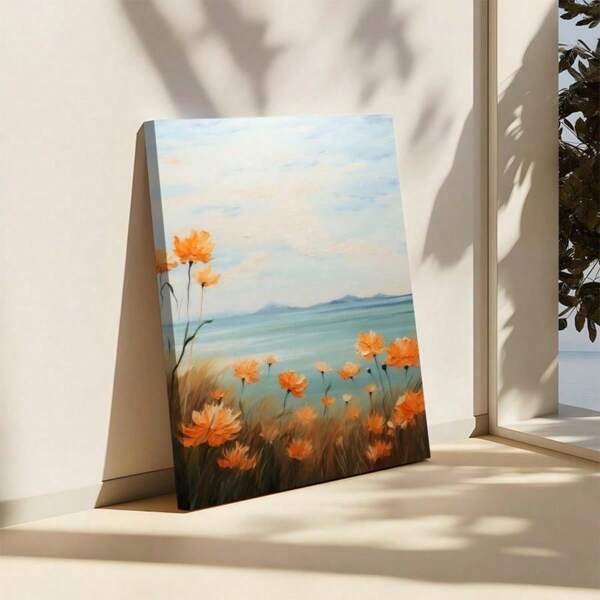 1PC Orange Flowers, Sea View Background, Impressionist Style Art Print Canvas Poster Painting Wall Decor, Ideal Gift For Bedroom Living Room Hallway Dorm Paintings In Living Rooms, Bedrooms, Dining Rooms Optional Frames Modern Posters, Wall Arts, Canvas Paintings