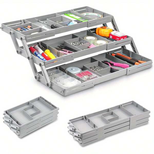 1 pieza Caja de almacenamiento plegable de 3 capas, organizador extensible de mesa para artículos de papelería, joyería, maquillaje, bolígrafos, cinta adhesiva, organizador multifuncional de escritorio, tocador, útiles escolares, regreso a clases