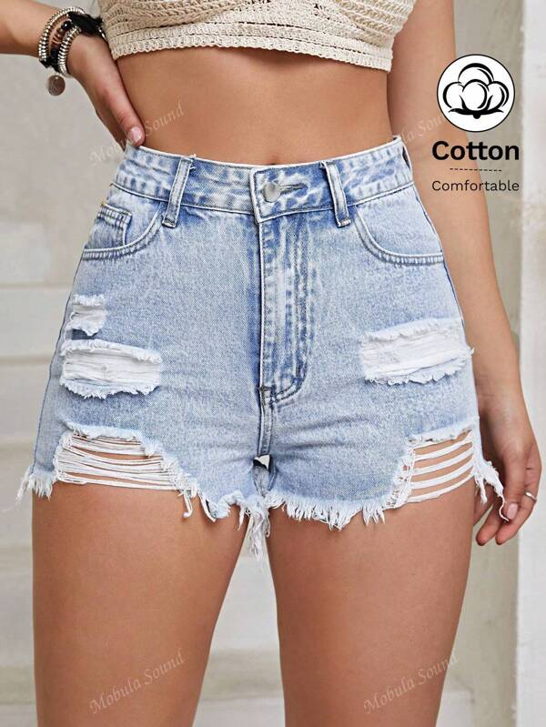Mobula Sound# Versatile Casual Vacation Sexy Music Festival Street Y2K Millennium Style Young College Student Girl Women Clothing Fashion Sexy Distressed Vintage Frayed Slim High Street Blue Denim Shorts