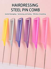 6pcsRandom Color Combination, 2025 New Rat Tail Comb | Carbon Fiber Heat-Resistant Design With Stainless Steel Pin Tail, Ideal For Teasing And Sectioning Hair
