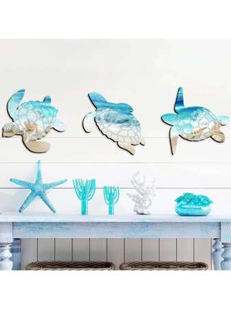 3 件木制海龟墙饰 - 海龟墙饰 - 海洋海滩浴室墙饰 海洋生物墙饰 适用于室内外浴室办公室墙饰