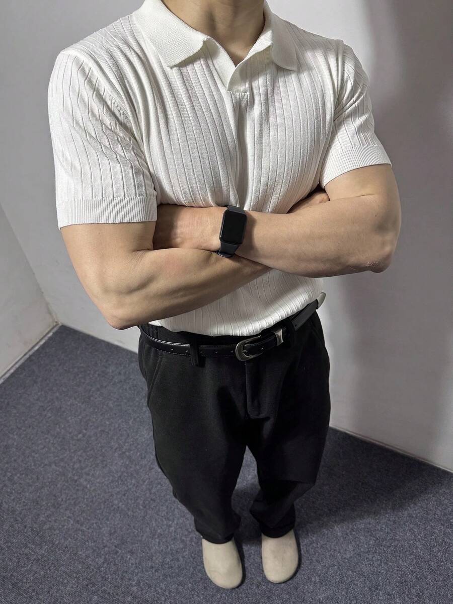 Suéter de manga corta con cuello tipo polo acanalado para hombre de verano - Blanco - Ver 1
