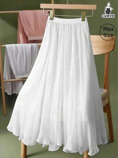 Plus Size Women's Spring/Summer Skirt, Women Elastic Waist Casual Solid Color Mid-Length Chiffon A-Line Skirt, With Lining, Elegant Fitted Slimming, Suitable For Spring/Summer Casual, Work, Vacation Wear