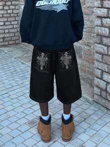 男士水洗黑色轮廓先锋嘻哈街头宽松骷髅刺绣牛仔短裤，春夏季百搭，Emo 风格 - 黑色 - 查看 3