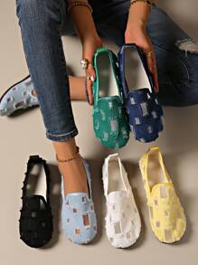 Sapatos Casuais de Denim de Cor Sólida para Mulheres, Sapatos Respiráveis e Antiderrapantes de Bico Redondo, Sapatos Planos Clássicos Vazados para Mulheres, Sapatos Casuais de Cano Baixo com Capuz de Cor Sólida, Sapatos Confortáveis para Mulheres, Sapatos para Uso Externo