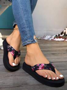 Women's Floral Print Flip Flops - Lightweight Black EVA Sole Slippers With Pink And White Flower Pattern, Casual Summer Beach Shoes, Comfortable Open Toe Sandals, Cushioned Comfort