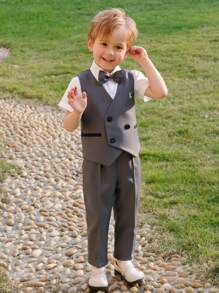 3 Peças Conjunto de Terno Formal para Meninos Jovens: Colete + Calça Longa + Gravata Borboleta Combinando, Roupas para Festa/Casamento/Eventos/Cerimônia, Estilo Cavalheiro, Verão