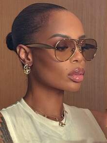 1 Pair Pilot Frame Glasses, Metal Double Bridge Toad Eye Glasses, Oversized Personalized European And American Fashion Women , Summer Holiday Beach Accessory - 香檳色 - 查看 3