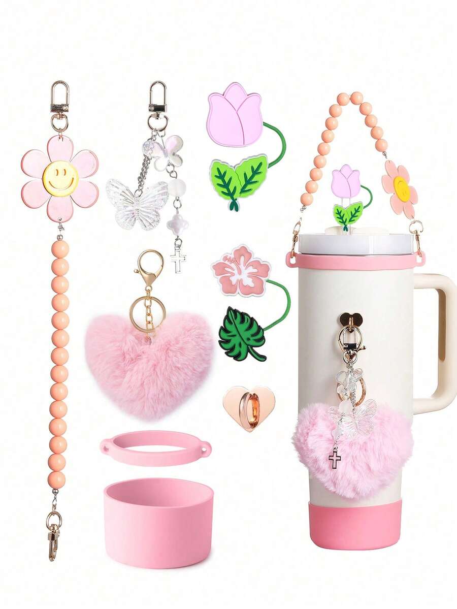 8 Pieces Cup Accessory Set, Including 1Cm Silicone Straw Cap, Silicone Boots, Water Bottle Handle Strap, Plush Heart, Etc., Suitable For 40 Ounce 30 Ounce Cups, Creative Gifts For Family And Friends, Diy Gift Cup Decoration, Mother's Day Gift, Father's Day Gift, Gift Cup Accessories For People, Back To School Supplies - Multicolor - View 1