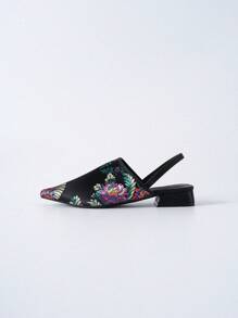 Zuecos de punta fina con bordado para mujer, de tacón plano, para primavera y verano