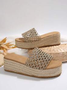 Women's Fashion Casual Straw Rope Sole Woven Outdoor Sandals, Comfortable Versatile Beach Holiday Open Toe Slippers - Gold - View 6