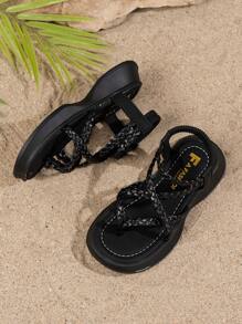 1 Pair Kids Flat Sandals, New Summer Soft-Sole Comfortable Girls Sandals With Hollow Woven Design, Casual Slip-On Beach Vacation Shoes
