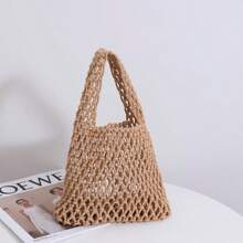 Solid Color Hollowed-Out Hand-Woven Shoulder Bag, Stylish Hand-Woven Handbag With Exquisite Single Strap Mesh Design, Perfect For Beach Vacations Or Summer Trips, Light And Breathable, Showing A Natural Casual Style