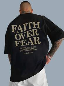 Men's Faith Over Fear Christian T-Shirt With Bible Verse Psalm 118:6 - Black & Golden Inspirational Print Casual Short Sleeve Round Neck Summer Tee For Casual Attire, Comfortable Home Apparel, Nontransparent Material