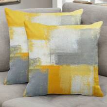 Set Of 2 Throw Pillow Covers Yellow Grey Abstract Decorative Couch Pillows For Home Decor (Single Sided Throw Pillow Cover )45X 45 Cm( No Filling)