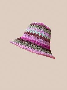 1 pièce Chapeau seau en paille rayé bicolore pour femmes, adapté pour le port quotidien, les sorties d'été et les vacances pour la protection solaire Boho
