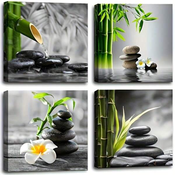Conjunto de 4 peças de decoração zen para banheiro sem moldura - impressões artísticas em tela de bambu e pedra preta e branca com detalhes em cinza e verde - decoração de parede para sala de meditação para quarto, sala de estar, cozinha e muito mais