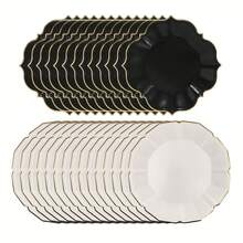 60pcs White And Black Disposable Paper Plates With Gold Rim, Suitable For Birthday/Wedding/Beach Party - Includes 30pcs 10-Inch Dinner Plates And 30pcs 9-Inch Lunch Plates - Black and White - View 4