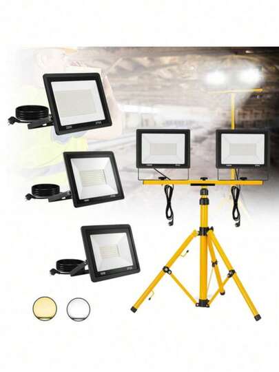 QEENTOE Foco de construcción LED de 2 * 100 W blanco cálido / blanco frío con trípode, foco de obra, reflector LED, luz de trabajo, incluye cable de alimentación, impermeable IP66 para jardín, garaje y obra.