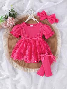 1 pieza Mameluco corto de manga corta con encaje y malla, con volantes florales para bebé/niña pequeña, de tela fina, para verano - Rosa Fucsia - Ver 1