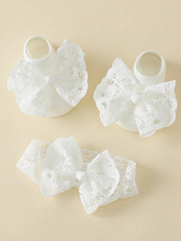 Neugeborenes Baby Mädchen 1 Paar Spitzen-Stickerei Schleifensocken | 0-12 Monate Prinzessinnen-Stil Vollmondfeier, 1. Geburtstag & Feiertags Geschenk (süße Baby Accessoires)