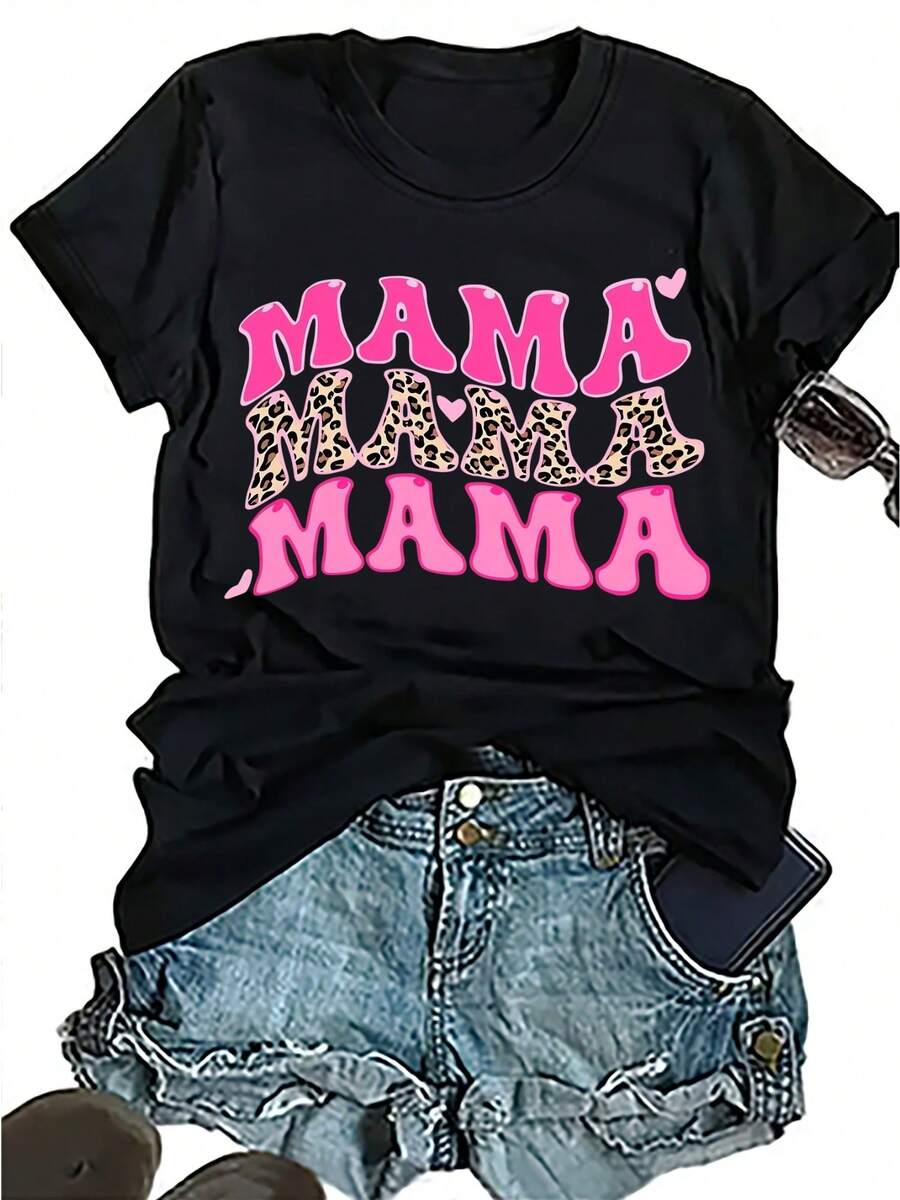 [Pink Leopard T-Shirt] Pink Leopard Print Plus Size Women's Crew Neck T-Shirt | Machine Washable, Black Short Sleeve Regular Fit All-Season Top, "MAMA" Graphic, Ladies T Shirts - Black - View 1