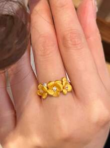 1pc Minimalist Gold-Plated Textured Crystallized Cherry Blossom Ring, Unique New Chinese-Style Vintage Delicate Versatile Ring Suitable For Women's Daily, Party, Festival Gift