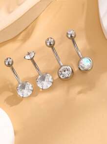 4 قطع أقراط سرة من الفولاذ المقاوم للصدأ المرصعة بالراين ستون، مجوهرات بسيطة لثقب البطن للنساء