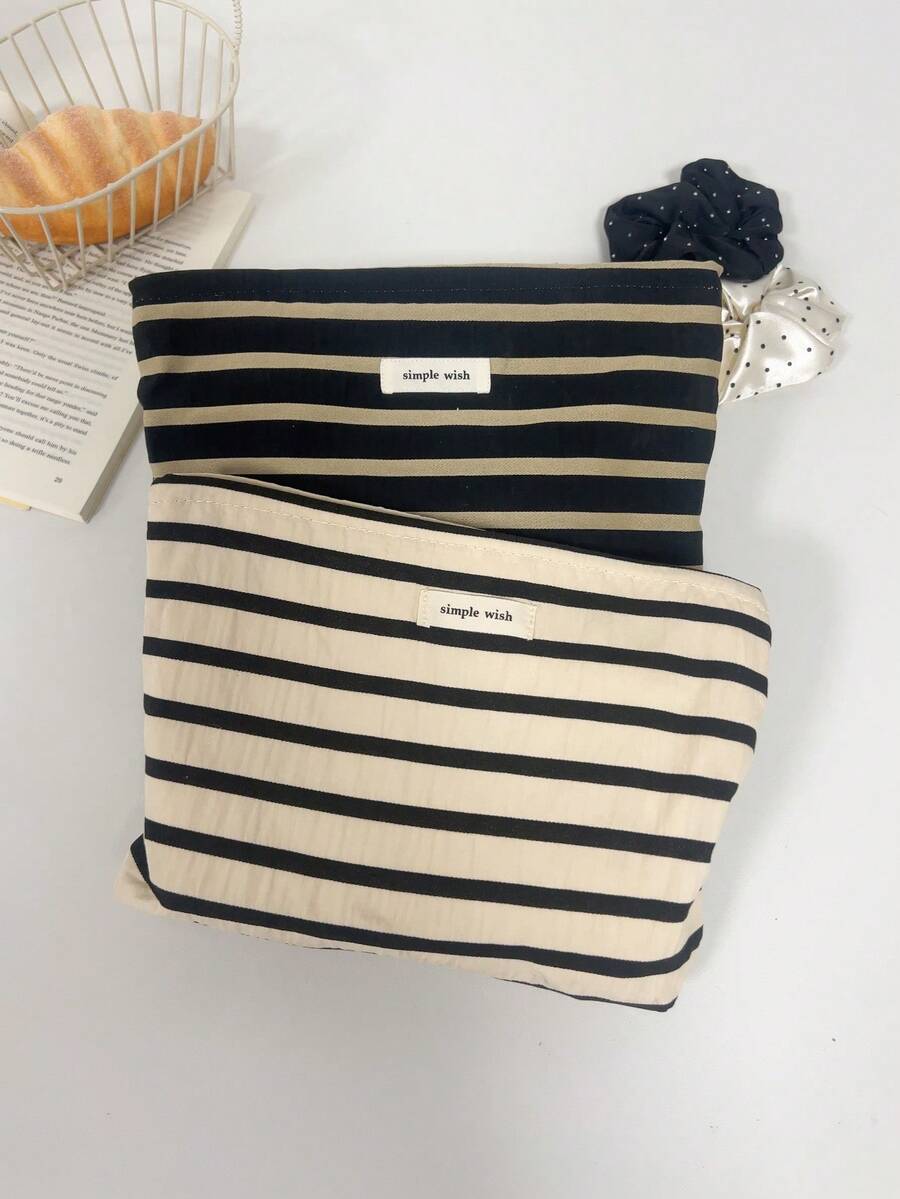 1 Pc Black And White Striped Pattern Clutch Makeup Bag With Canvas Interior, Large Capacity Makeup Storage Bag, Toiletries Organizer Cosmetic Pouch For Travel Essentials Vacation Summer Holiday Back To School School Stuff Bag For School Travel Bag For Women Makeup Bag For Travel Make Up Bag - Multicolor - View 1