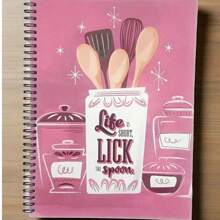 1 pieza Cuaderno/Diario de espiral con recetas "Lick The Spoon" de tapa blanda de 8.5" x 11", cubierta laminada brillante duradera, útiles escolares, de vuelta a la escuela