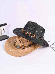 1 buc. Pălărie Panama din paie țesută manual pentru femei, pălărie de soare în stil cowboy cu bor larg, ideală pentru ținute casual, activități în aer liber, vacanță și camping