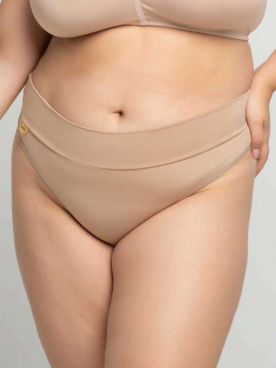 Tanga Fio Duplo Plus Size Calcinha Cintura Alta e Cós Duplo Conforto Sensual Lingerie Mulher - Bege - Visão 1