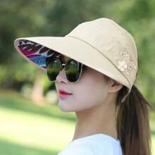 Sombrero de ala ancha para mujer 2025 - Protector, plegable y transpirable, decorado con perlas falsas y flores, sombrero de playa con escote, adecuado para playa, picnic y actividades al aire libre, sombrero de protección solar