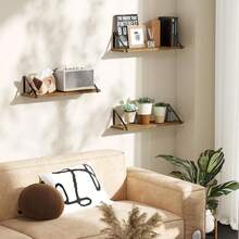 Estantes flotantes de madera rústica, pequeña estantería para la sala de estar, oficina, dormitorio, con soporte de metal - Paquete de 3 luces carbonizadas de 17" de ancho y 6" de profundidad - Ver 2