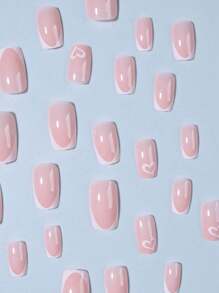 24pcs Medium Square Heart Nail Designs White French Tip Press On Nails Short Perfect Fit Acrylic False Nails Set Including