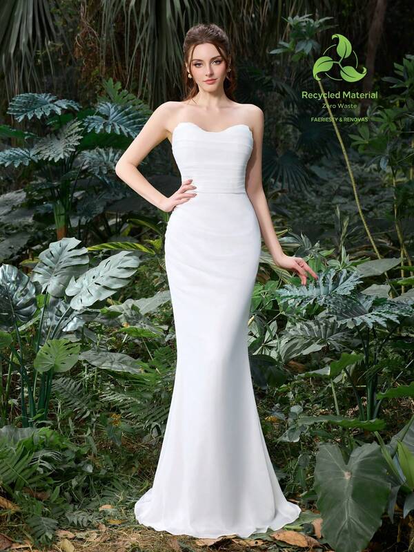 Elegant Polyester Chiffon Bridal Gown With Fish-Tail Silhouette | Guest Dress For Wedding Showers, Garden Parties, And Everyday Formal Wear