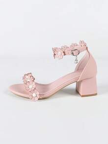 Women's Pink High Heel Shoes With Floral Design, Non-Fatiguing Thick Heel, Suitable For Wedding, Party, Holiday, Princess - Pink - View 6