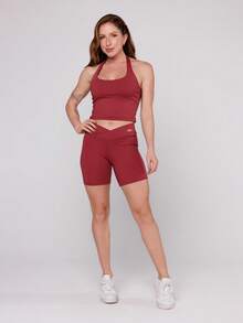 LOT FITNESS Women's Wine Fitness Set Top With Various Ties And Leggings With Crossed Waistband Gym Pace Up Collection - 酒紅色 - 查看 1