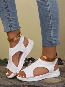 Sandalias deportivas de punto, sandalias con suela gruesa en blanco y negro, sandalias de estilo bohemio de patchwork y calado, estilo casual de vacaciones para mujer, sandalias de playa de verano con suela blanda