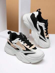 Women's Platform Chunky Fashion Sneakers Walking Lace-Up Comfortable Dad Sneakers Workout Sport Work Casual Tennis Shoes - Đen/Tân - Xem 4