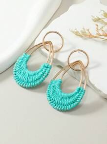 1 Pair Bohemian Style Resort Rattan Round Earrings In Ivory White, Fuchsia, And Orange, Hand-Woven, Fashionable For Women, Suitable For Daily Wear