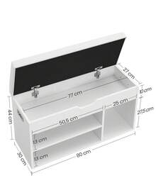 Banco Zapatero con Cojín, Banco de Almacenamiento, 3 Compartimentos, Almacenamiento Oculto, Estantes, Sala de Estar, Pasillo, Dormitorio, 30 x 80/100 x 44 cm, Carga 136 kg, Blanco Nube - Blanco - Ver 6