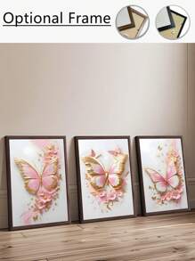 3Pcs/Set, Optional Frame, High Quality Print Painting, Modern Style, Butterfly, Pink, Gold, Flowers, Three-Dimensional Craft, Sweet Style, Home Decoration, Decorative Painting, Suitable For Living Room, Sofa, Bed, Hallway, Bedroom, Bathroom, Office, Perfect Art Gift