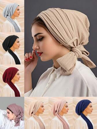 1pc New Solid Color Stretchy Headband Hat, Versatile Pleated Turban Cap For Women