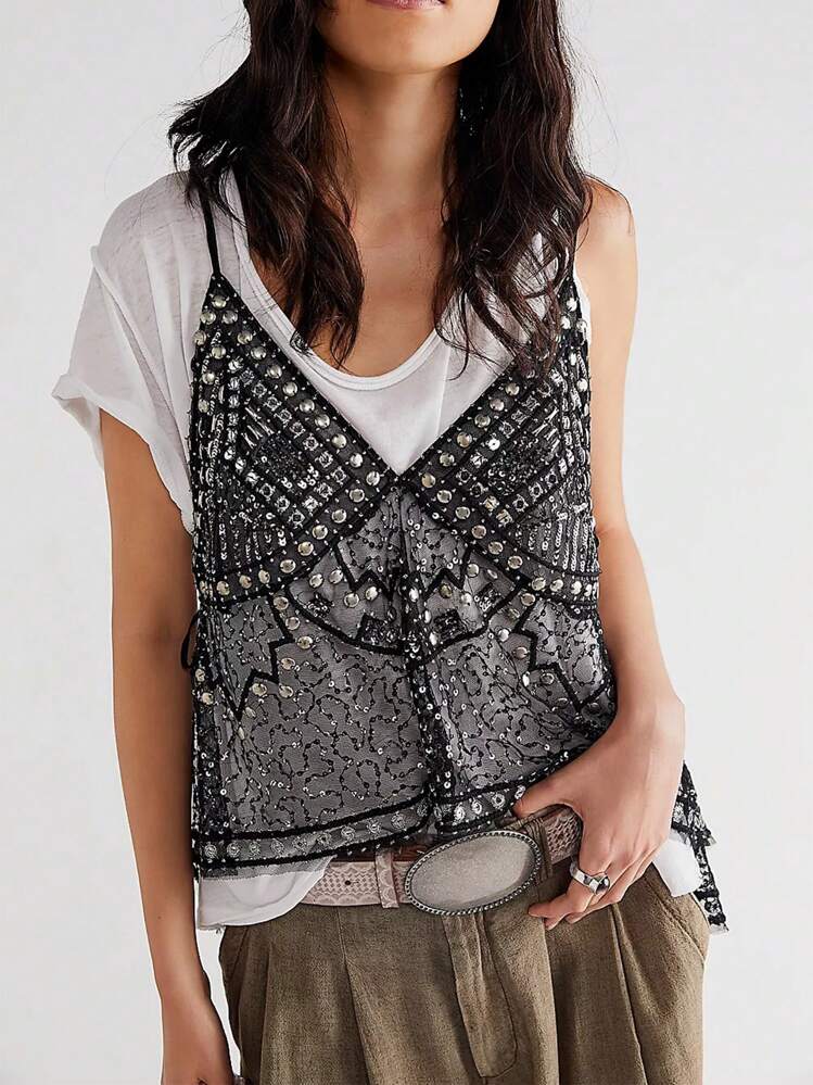 Women Sequin Sheer Cami Top Rhinestone Sparkle See Through