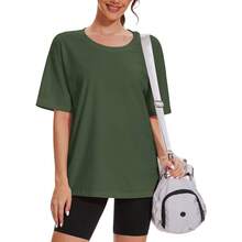 YUCOLEN Women's Oversized T Shirts Full Cotton Short Sleeve Crewneck Summer Tops Casual Loose Fit Basic Tee Shirts - Armygreen - View 3