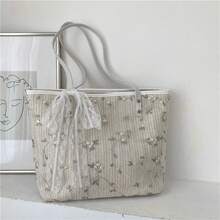 Women's Straw Woven Fashionable Embroidered Flower Large Capacity Shoulder Bag, Summer Beach Bag, Lace Ribbon - Beige - View 1