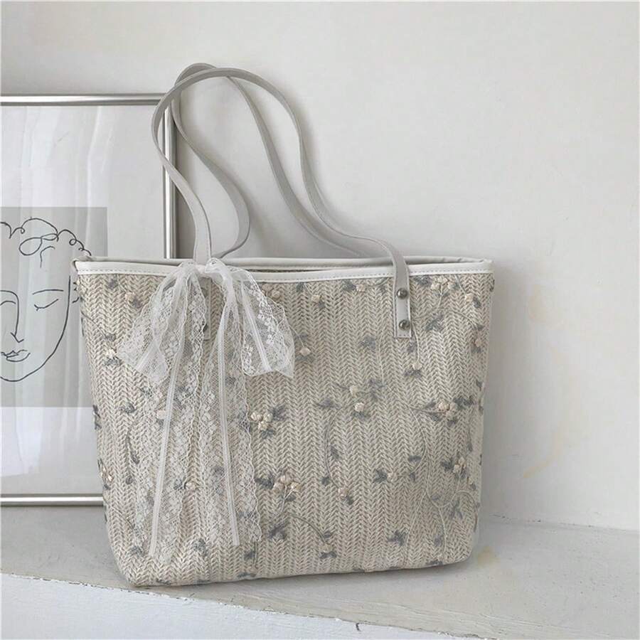 Women's Straw Woven Fashionable Embroidered Flower Large Capacity Shoulder Bag, Summer Beach Bag, Lace Ribbon - Beige - View 1