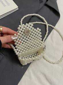Versatile Mini Retro Girl Crochet Faux Pearl Beaded Bag - White - View 6