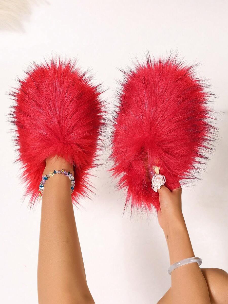 Women's Furry Slippers, Solid Color Animal Print, Sexy & Cute, Outdoor Fabric Faux Fur Splice, Girls Lovely Slippers For Holiday, Party, Home, Spring/Autumn/Winter